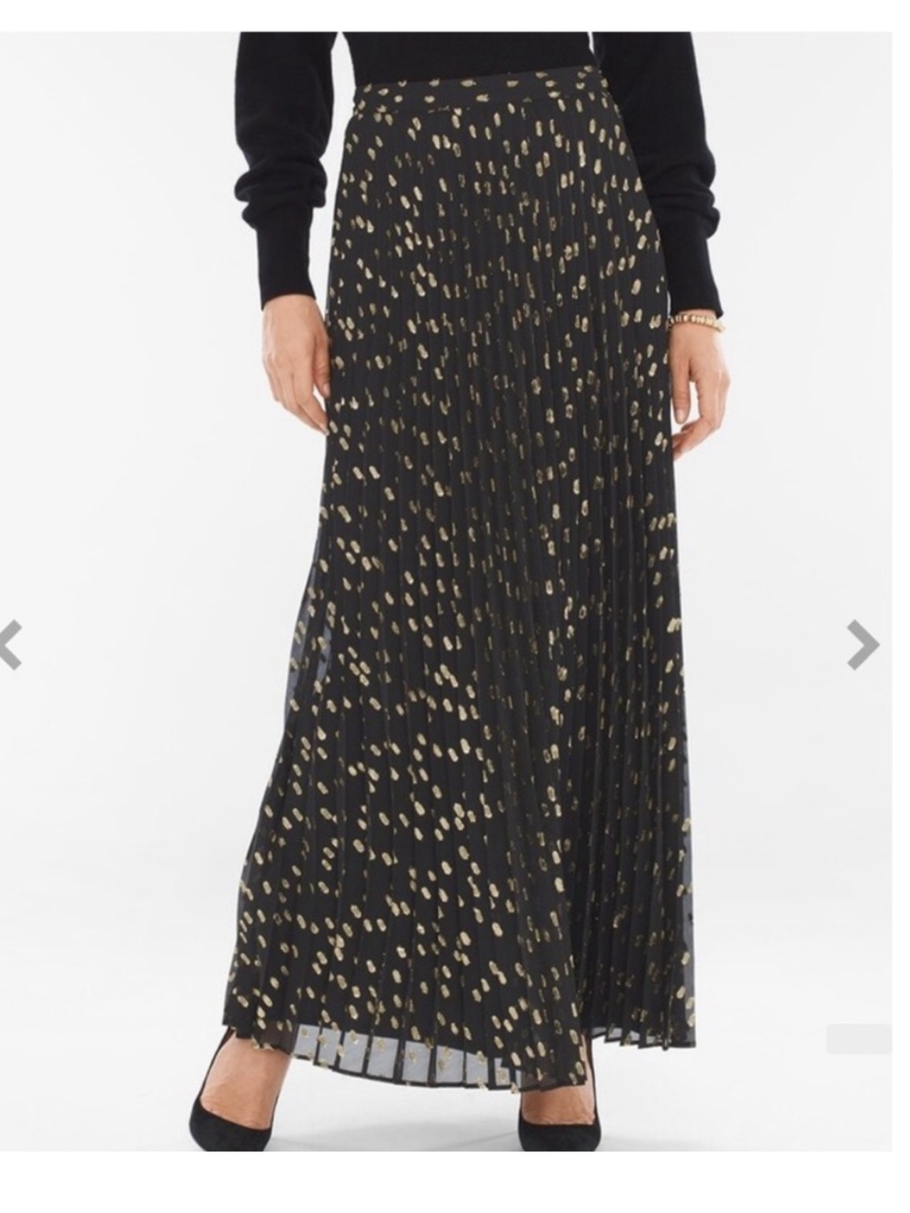 CHICO'S BLACK GOLD DOT PLEATED MAXI SKIRT Side Zip Lined Size 2 (US 12)